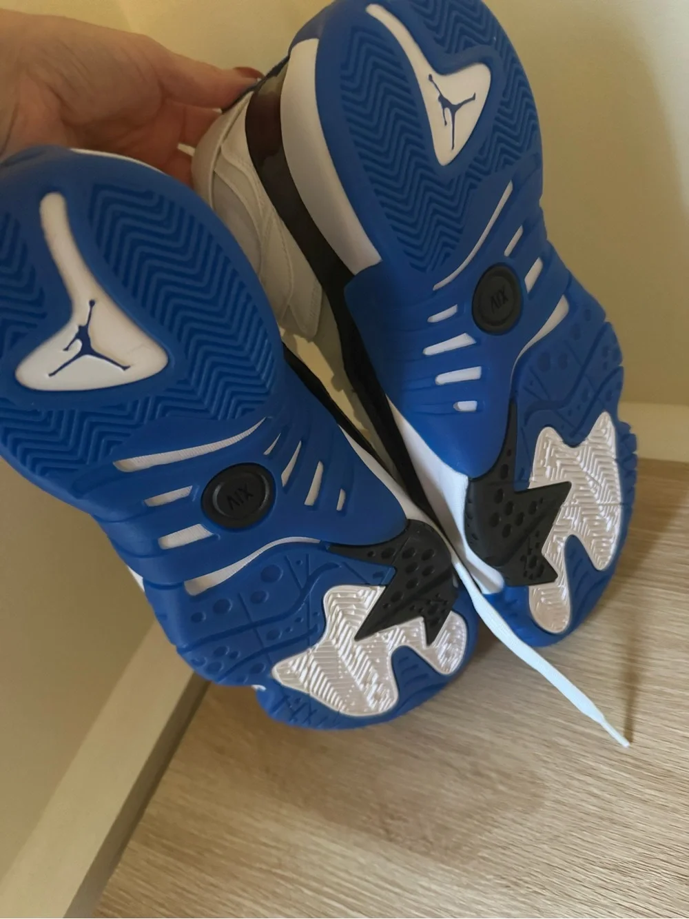 Jordan Retro High-Top Sneakers in White, Black & Blue